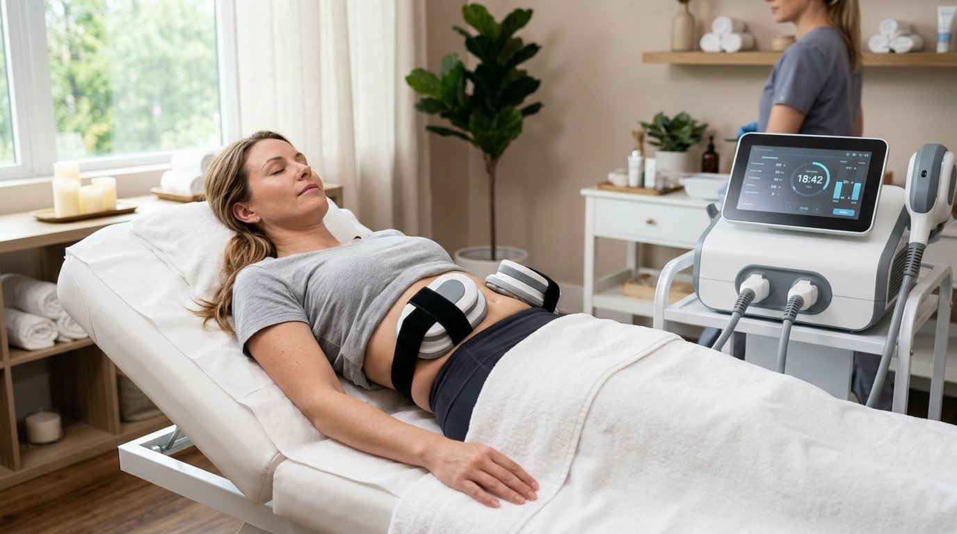 Client receiving body sculpting treatment with EMS device at American Laser Plus med spa