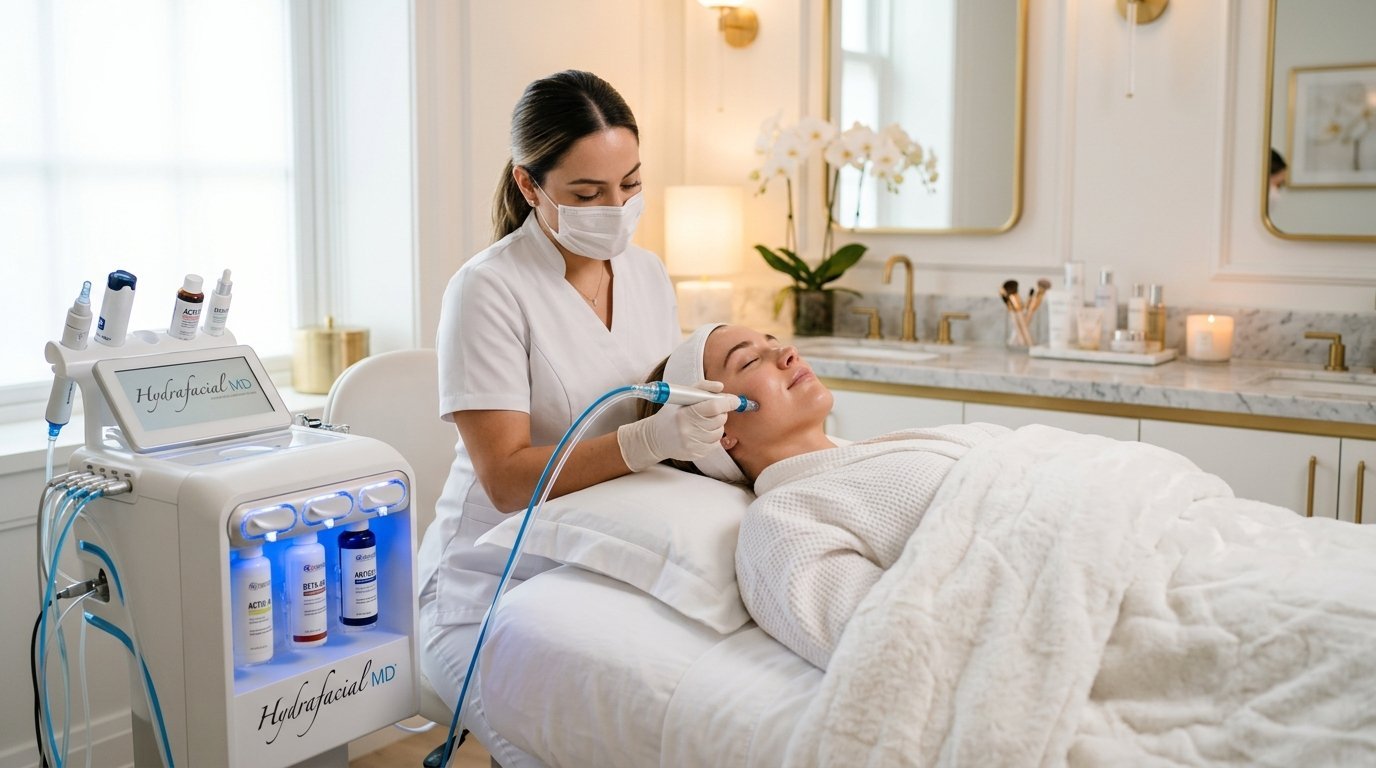 Esthetician performing HydraFacial treatment on client at American Laser Plus med spa