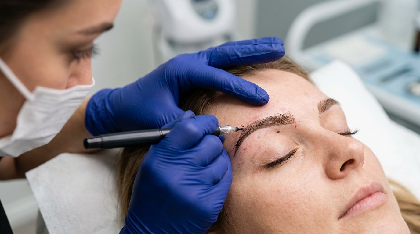 Close-up microblading eyebrow procedure performed by licensed technician at American Laser Plus